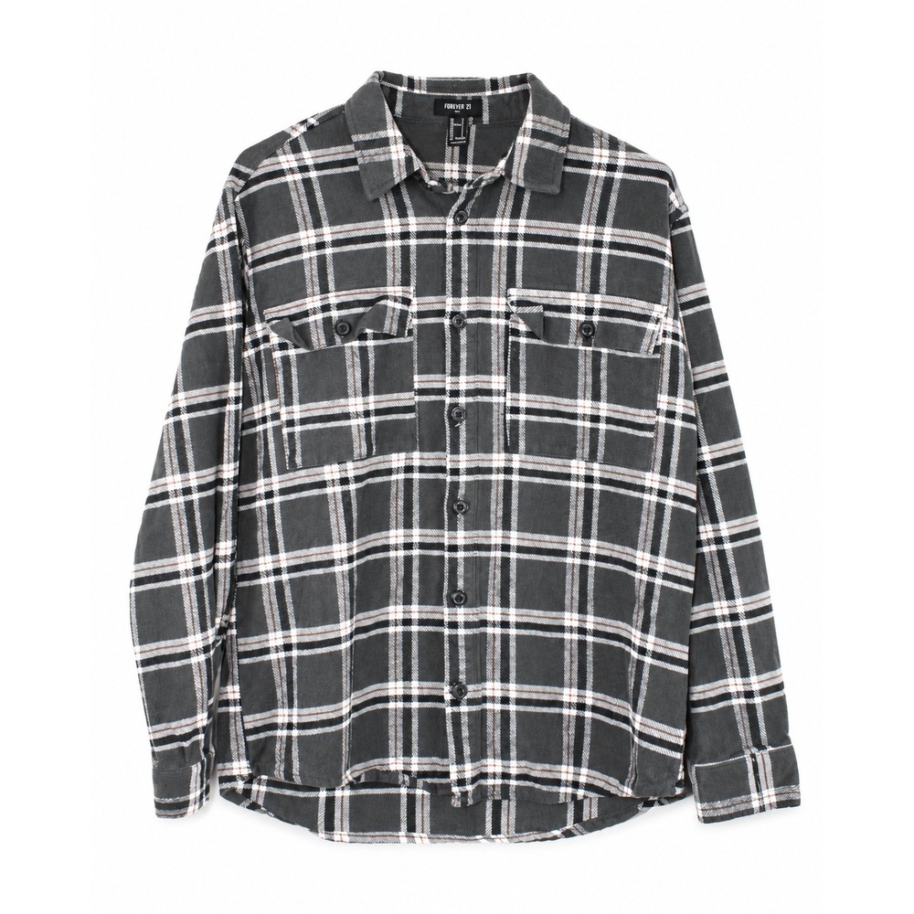 Forever 21 Men Plaid Flannel Button Down Shirt Gray Orange Small